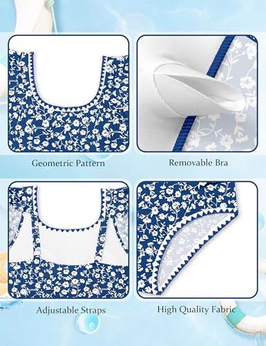 Image of Girls Swimsuit Ruffled Square Neck Color Contrast Trim One Piece Bathing Suit Geometric Girls' Swimwear 9-16Y