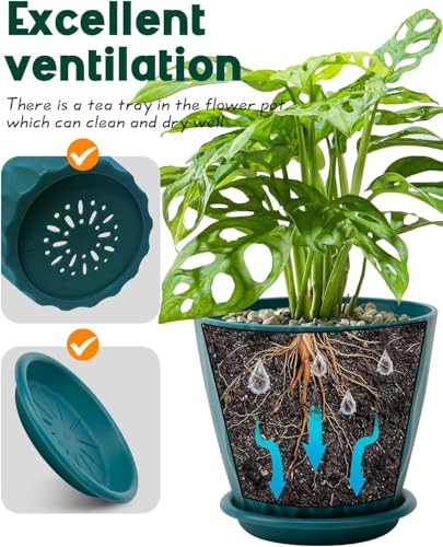 KAHEIGN 5 Pièces Pots de Fleurs en Plastique, 15CM Jardinière Anti-Racines Épais Pot de Jardin à Motif Ondulé avec Drainage Trou et Soucoupe pour Plantes Fleurs Herbes Succulentes Cactus (5 Couleurs) – Image 4