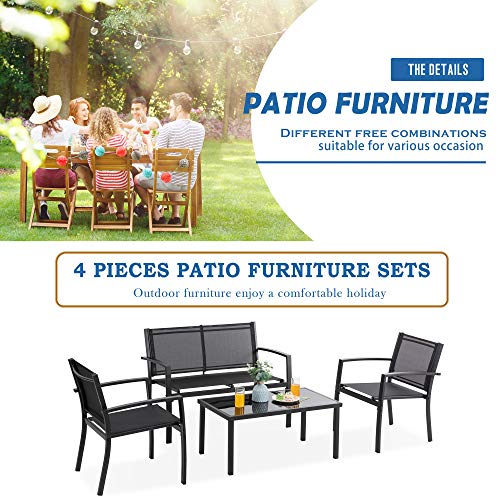 Image of Vongrasig 4 Pieces Patio Furniture Sets,Outdoor Patio Conversation Sets with Glass Coffee Table, Small Porch Balcony Furniture, Patio Table and Chairs Set for Garden, Backyard (Black)
