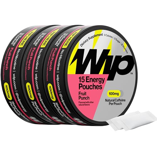 Wip Energy Pouches, Sugar Free Blend with 100 MG Natural Caffeine, B Vitamins, Minerals & L Theanine for Energy Support, Pre Workout for Active Lifestyles, Fruit Punch, 3 Cans, 15 Pouches per can