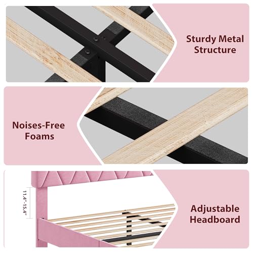 GAOMON Pink Full Bed Frame with Upholstered Headboard, Heavy-Duty Platform Bed Frame with Strong Wood Slats, No Box Spring Needed/Noise Free/Easy Assembly