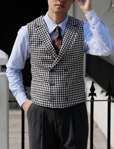 ONAXTDA Mens Houndstooth 2 Piece Suit Slim Fit Casual Double Breasted Vest Pants Set for Spring Autumn3
