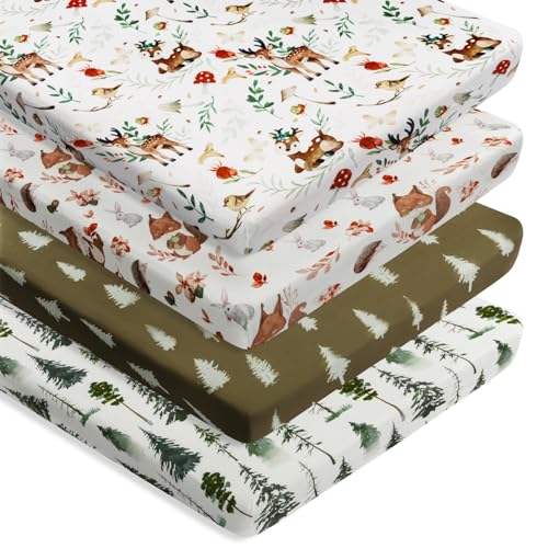 Image of 4 Pack N Play Sheets Woodland Forest Animals Wood Neutral Unisex Fitted Baby N Play Sheets Fitted for Standard Pack and Plays and Mini Cribs Set for Baby Boys or Girls (Beer)