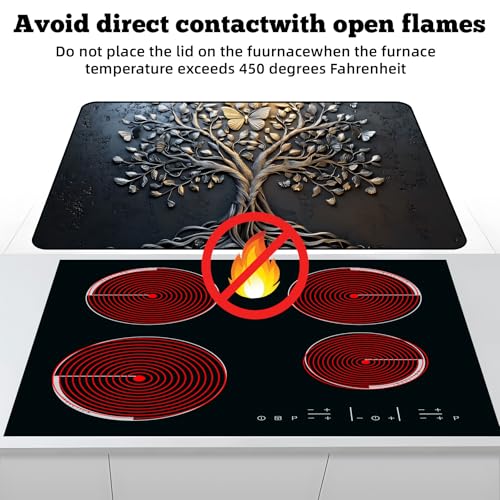 Image of Multi-Design Stove Top Cover for Glass /Electric Stoves - 3-in-1 Heat-Resistant Protector Mat, Non-Slip Drying Rack 28 inchx20 inch (Tree of Life - Black, 28 inch L x 20 inch W)
