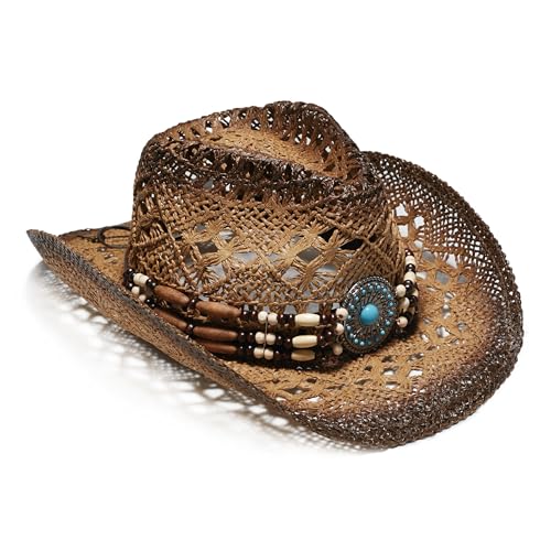 Image of YOUBADU Western Straw Cowboy and Cowgirl Hats with Decorative Bands - Unisex Wide Brim Raffia Style Sun Hat
