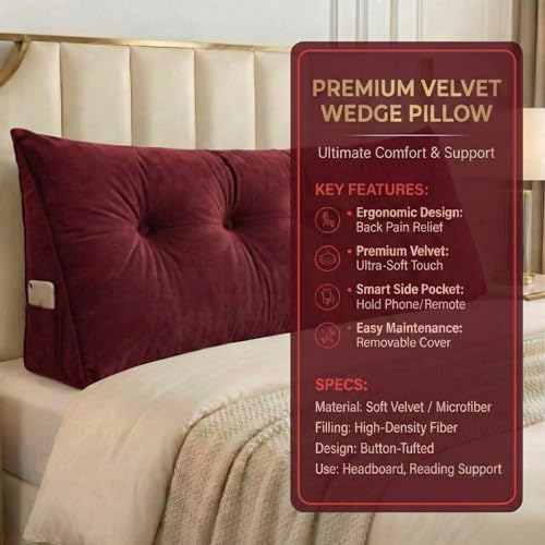 Image of Luxury Velvet Tufted Wedge Pillow with Side Pocket - Soft Headboard Back Support Cushion for Bed, Sofa & Floor Seating - Red Color