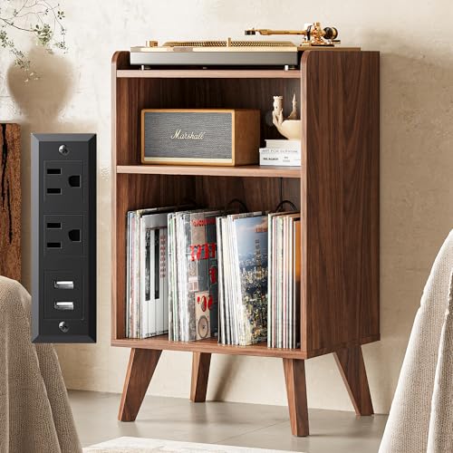 Record Player Stand, Turntable Stand with Record Storage and Charging Station & USB Ports, Record...