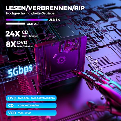 BHHB Externes DVD Laufwerk USB 3.0 & USB-C DVD/CD Laufwerk, CD DVD +/-RW ROM Brenner Optical External DVD Drive für Laptop, PC, Desktop, MacBook, iMac, Windows, XP, Linux, MacOS(Ultra-schlank)