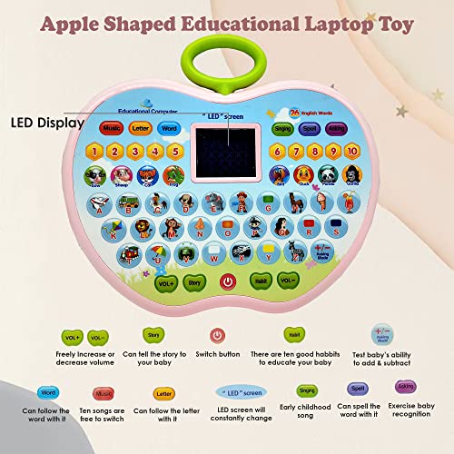 Image of VGRASSP Apple Shape Educational Mini Computer Laptop Toy for Kids LED Display and Fun Music for Learning Alphabets Numbers Words and Animals (Pink)