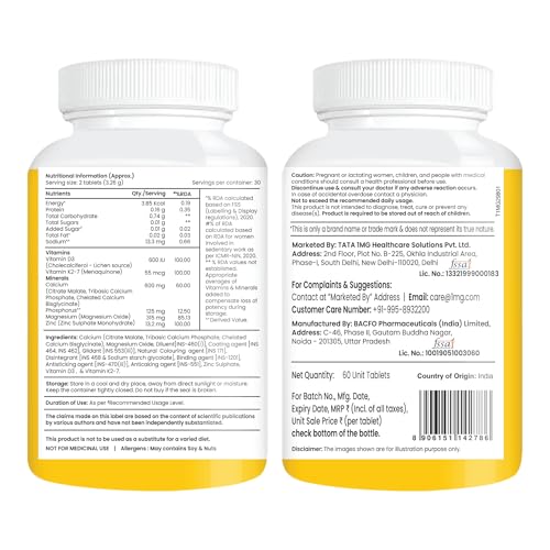 Image of Tata 1mg Triple Calcium Tablets 60N | 600 mg Elemental Calcium | With Magnesium, Zinc, Vitamin D3 (600 IU) & Vitamin K2-7 (MK-7) | Bone Health Supplement for Adults | 30 Day Supply
