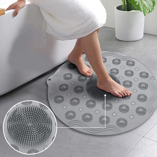 Image of Non Slip Shower Mat for Bathroom Floor with Foot Scrubber, Anti Skid Silicone Bath Mat for Bathtub & Shower, Waterproof Bathroom Massage Mat for Kids & Adults, Large Suction Cup Safety Mat (Round)