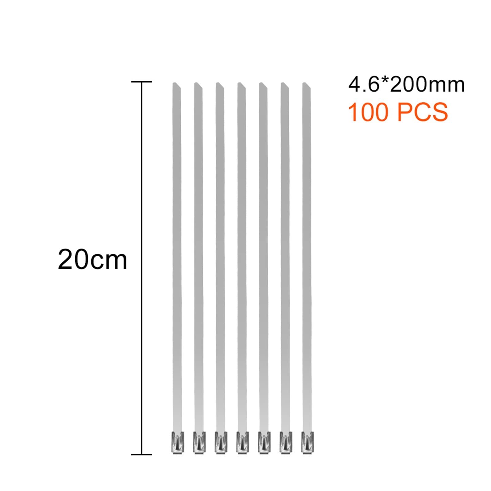 RWRAPS Edelstahl-Kabelbinder, Metall-Auspuffbinder, 4,6 mm Breite, selbstsichernder Kabelbinder, 100 Stück/Set (Farbe: Silber, Größe: 4,6 x 200 mm) (Silber 4,6 x 200 mm)