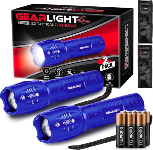 Image of GearLight LED Flashlight High Lumens, Mini Tactical LED Flashlight 2 Pack, 5 Modes Zoomable Beam, Battery Powered for Camping, Hunting, Home & Emergency, Compact Small LED Flashlight (Blue)