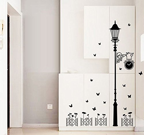 Wallpark European Style Simple Black Street Light Lamp & Butterfly Removable Wall Sticker Decal, Living Room Bedroom Home Decoration Adhesive Diy Art Wall Mural #TOP4
