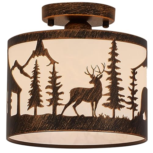 Rustic Semi Flush Mount Ceiling Light with Shade, Black Metal