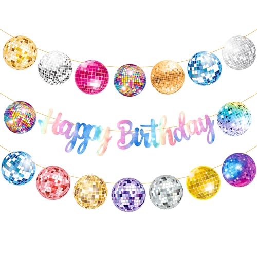 3Pcs Disco Ball Birthday Party Banners Muti Color Happy Birthday Party Disco Ball Cutout Banners for 70s Disco Birthday Party Decorations Disco Theme Baby Shower Supplies
