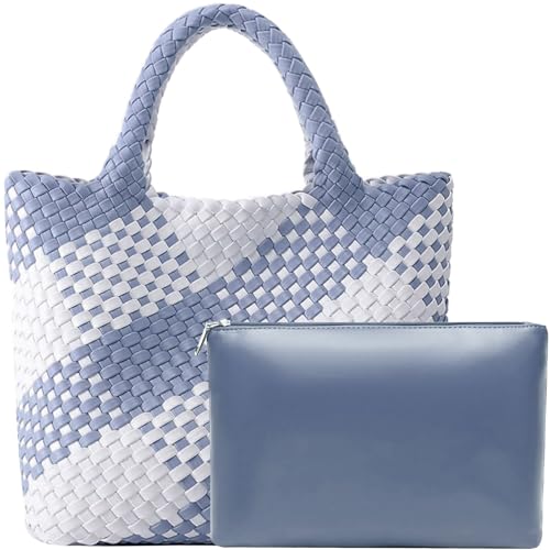 Image of JINMANXUE Unisex Fashion Woven Bag Damen-Tragetasche, Blue&white, 16.1 inch W x 7.1 inch D x 11 inch H