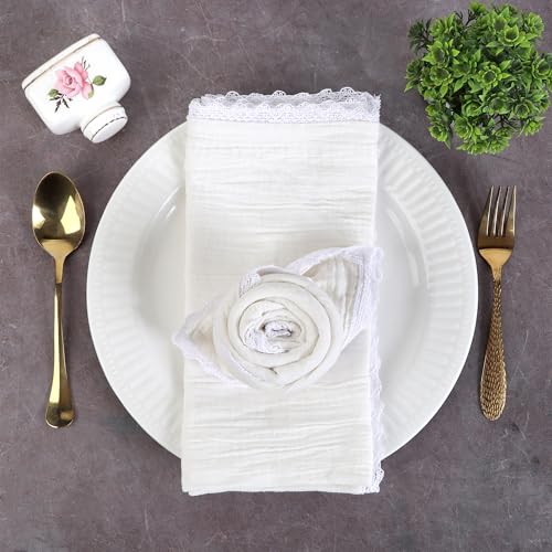 Image of FINGERCRAFT Cloth Napkins Set of 8, 20x20 Inch, Soft Cotton Muslin Dinner Napkins with Lace Edge, Reusable Washable Table Napkins for Wedding, Party, Dining & Home Decor (Off-White)