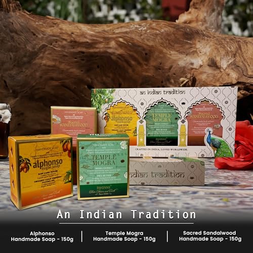 Image of Nyassa An Indian Tradition Handmade Soap Gift Set | 3 Natural Soaps - Sacred Sandalwood, Temple Mogra & Alphonso | raksha bandhan gift hamper | raksha bandhan gift