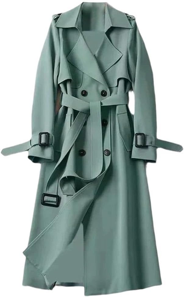 Women Trench Coat Long Design With Belt Solid Color Double Breasted Classic Outerwear