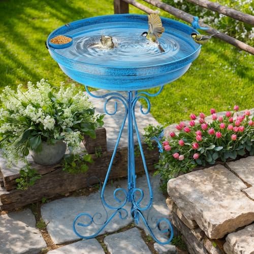 Large Bird Bath Bowl Standing,18" W Cast Iron Birdbaths for Outdoors,Rustproof-Vintage Blue