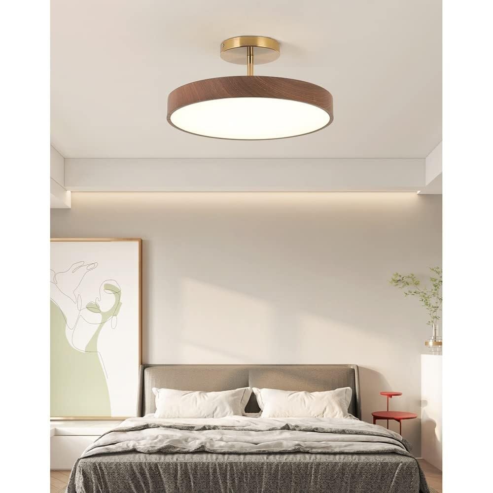 Plafon de Techo Moderno Lámpara de Techo Japonesa Moderna para Dormitorio LED de 24 W Redonda con Veta de Madera para Sala de Estar (Color Nogal)
