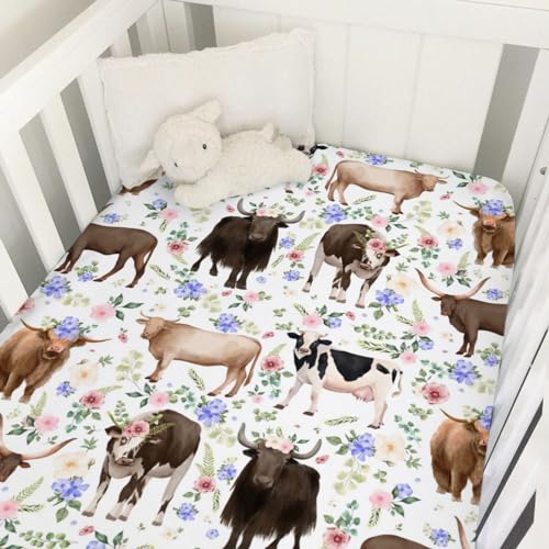 Image of Farmhouse Cows Boho Flowers Baby Crib Sheets 52''x28'' Farm Cow Yak Cattle Floral Stretchy Fitted Crib Mattress Cover for Boy Girl Nursery Baby Bed Sheet for Standard Crib and Toddler Mattresses