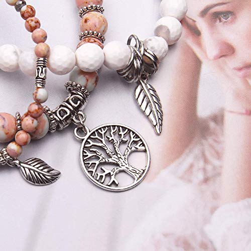 Tree Of Life Turquoise Jasper & Tibetan Agate Gemstone Chakra Beaded Bracelet | Beach Charm Bracelet Set - Ocean Jewelry (Brownish Yellow) #TOP4