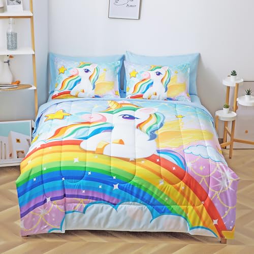 Image of Unicorn Bedding Twin Size for Girls - 5-Piece Kids Twin Comforter Set with Sheets, Pillowcase & Sham, Rainbow Pink Bed in a Bag