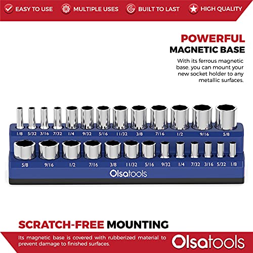 Image of Olsa Tools Magnetic Socket Organizer - 1 /4-Inch Drive SAE Socket Holder with Strong Magnets - Professional Tool Holder and Organizer - Stores up to 26 Sockets - Blue - Part: 1298