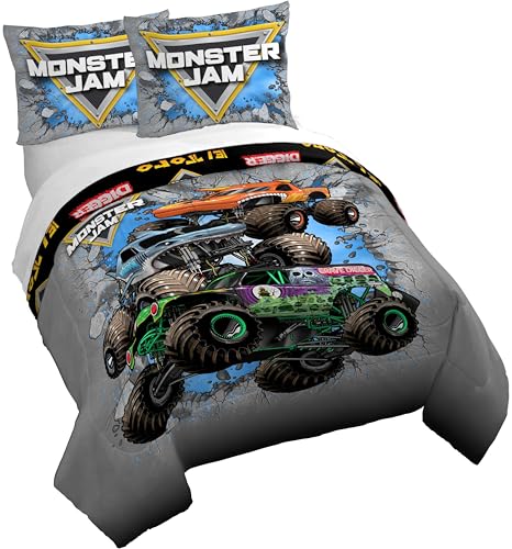 Jay Franco Duvet Cover Set – 3 Piece Comforter Cover and Sham Set, Super Soft Cozy Kids Bedding (Insert Not Included) Grey - Monster Jam, Full