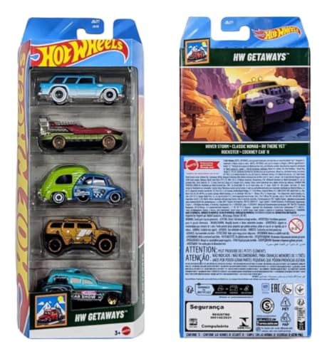 Image of Hot Wheels Car 2025 HW Getaways Pack of 5 (Hover Storm, Classic Nomad, RV There Yet, Rockster, Cockney Cab II) Multi - Color