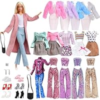 16 Stück Kleidung und Zubehör für 11,5 Zoll Puppen, Rosa Mantel Hahnentrittmuster-Kleid Lässiges Set Zufällige Auswahl von 3 Outfits 6 Schuhe 2 Handtaschen 1 Ohrringe 1 Armband für Mädchen Geschenk