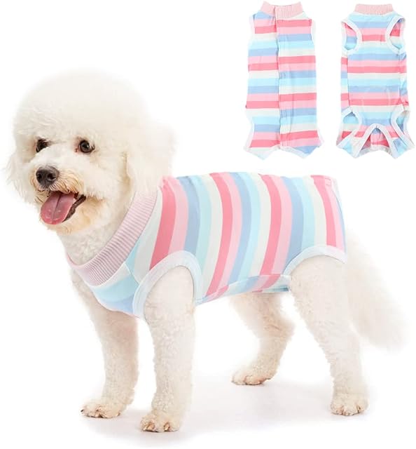 Vanansa Female/Male Dog Surgical Suit,Dog Post-Surgical Recovery Suit Abdominal Wound Protector,Dog Post-Surgical Recovery Suit, Pink Stripe,S