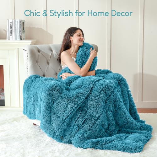 Image of Cottonblue Adults Weighted Blanket 17lbs 60x80 inches for Queen Bed, Faux Fur Sherpa Weighted Blanket for Sofa Couch Bed, Plush Cozy Bed Blanket with Glass Beads for Calm and Relax,Teal Green