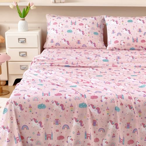 MICORAL Queen Sheets Set Kids Unicorn Sheets for Boys Girls & Teens 4 Piece Soft Printed Microfiber Bed Sheets Deep Pocket Cozy Cute Toddler Bedding Set
