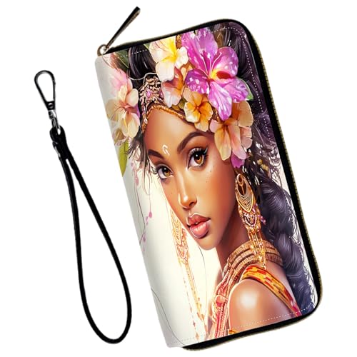 Wristlet Wallet for Women Teen Girls Womens Wallet RFID Blocking Credit Card Holder with Removable Wristlet,Leather Phone Wallet Clutch Large Capacity Ladies Travel Purs,Beautiful Girl and Flower