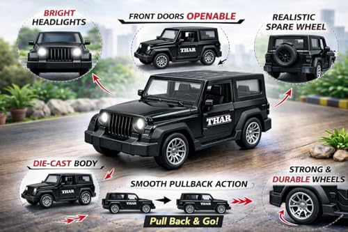 Image of Brand Conquer Defender 1:36 Diecast Model | Openable Doors, Bonnet & Boot for Kids and Collectors | Alloy Metal Car Toy | Perfect for Play & Display (Thar Black)