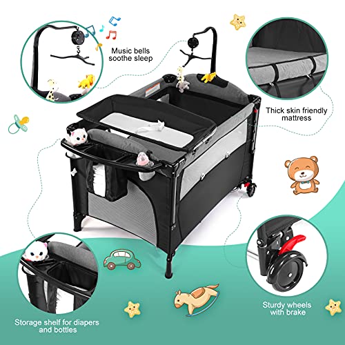 Baby Bassinet Bedside Crib, Baby Bed Travel Crib Bedside Cribs Baby Cot Playard Lightweight Playpen Nursery Pack with Play with Mattress, Diaper Changer and Playards from Newborn to Toddles