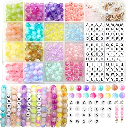 Liangding Kit Fabrication de Bijoux - 800+ Perles 8mm Rondes en Verre, 300 Perles Lettres pour Bracelet, Collier, Boucles (16 Couleurs)