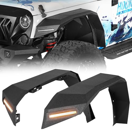 Hooke Road JK 8.7 Wide Flat Front Fender Flares for 2007-2018 Jeep Wrangler JK & JKU Unlimited 2 or 4 Doors Steel Fenders with Turn Signal Lights DRL - 2 PCS