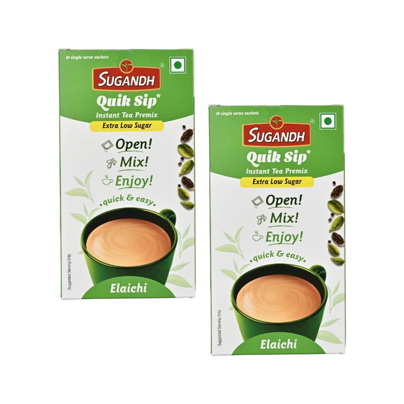 Image of Sugandh Quik Sip Instant Elaichi Chai Premix Unsweetened (Pack of 2) - Single Serve Sachets - 2 Boxes of 10 Sachets each