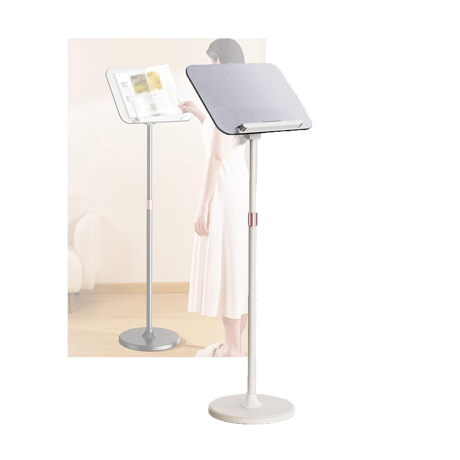 Soporte for libros de suelo, soporte de lectura manos libres | Ángulo ajustable (90°-180°), for libros de partituras, portátiles y recetas de oficina en casa(White)
