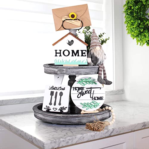 2 Tier Tray Farmhouse Decor Two Tiered Tray Wooden Table Decor White With 3 Wood Signs, Gnome Plush And Farmhouse Beads Wood Garland Rustic Tiered Tray Decor Items For Home Kitchen Decor #TOP4