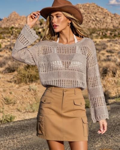 Image of Vivilli Women's Long Sleeve Sweaters Knit Summer Crochet Beach Cover Up Top | Off Shoulder Lightweight Sweater - Hollow Out Mesh Boho Tops - Loose Fit Swimsuit Coverup - Casual Vacation Resort Beach Wear