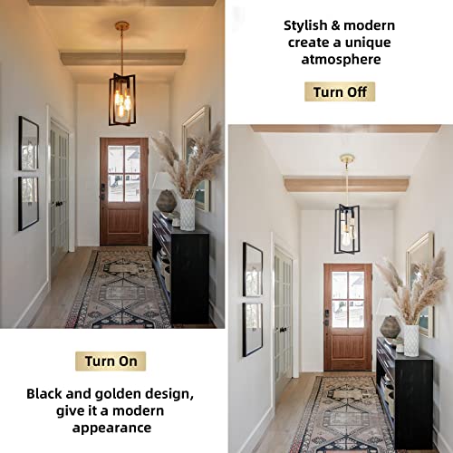 Industrial Farmhouse Pendant Lights, Rectangle 3-Light Modern Black and Golden Chandelier,Geometric Metal Cage Adjustable Rods Pendant Lighting Fixture for Kitchen Island Dining Room Living Room Foyer - Image 3