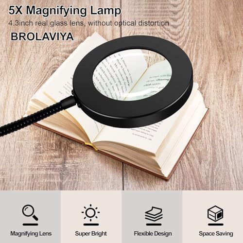 Image of BROLAVIYA Overhead 5X Magnifying Glass with Led Light and Stand, 3 Color Modes Dimmable, Flexible Hose Metal Arm, Magnifier Desk Lamp for Crafts, Makeup, Reading, Photography - Black