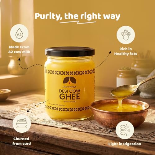 Image of Grannyways Premium A2 Cow Ghee - 500ml Danedar Desi Ghee | Extract from A2 Cow Milk | Bilona Method | Hand Churned | Traditional, Pure & Aromatic | Farm-Fresh in Glass Jar Packaging | Keto & Paleo Friendly