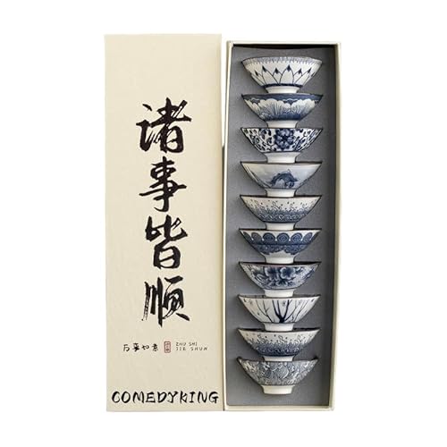 COMEDYKING和風青白磁茶碗 約70ml 食器 酒器 茶器セット 中国茶器(1箱10個入り)ギフトボックス 陶器 新居祝い アウトドア キャンプ用品 (すべてが順調に進む)