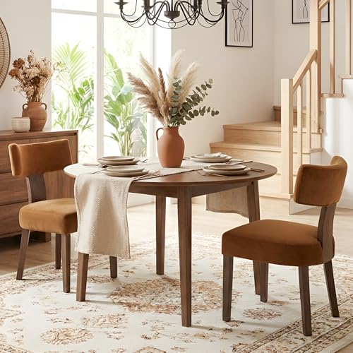 Image of HNY Mid Century Modern Dining Chairs, Velvet Fabric Farmhouse Upholstered and Curved Backrest Kitchen Accent Chairs Set of 2, with Hardwood Frame, Burnt Caramel